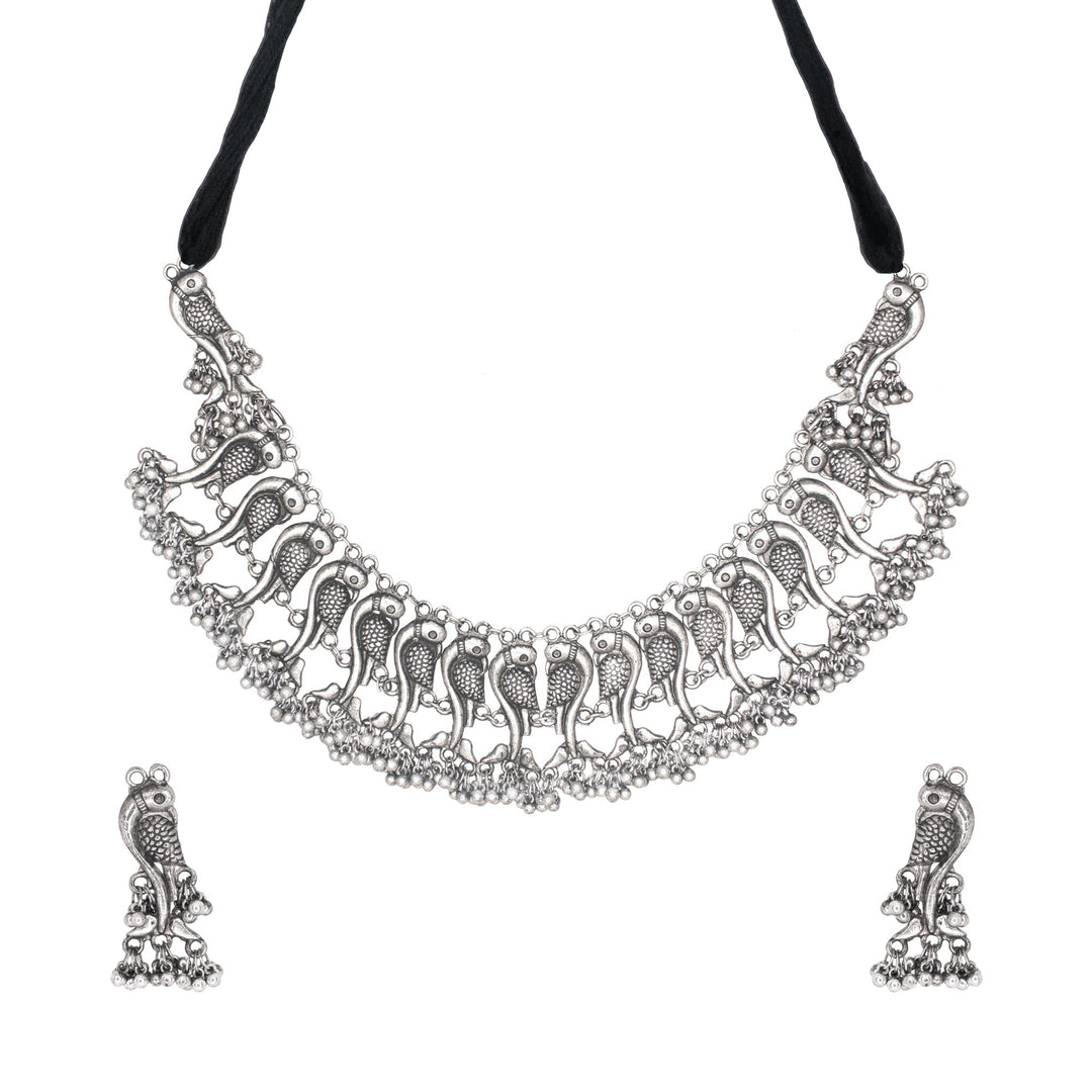 Abhinn Silver Oxidised Unique Parrot Design Necklace Set For Women