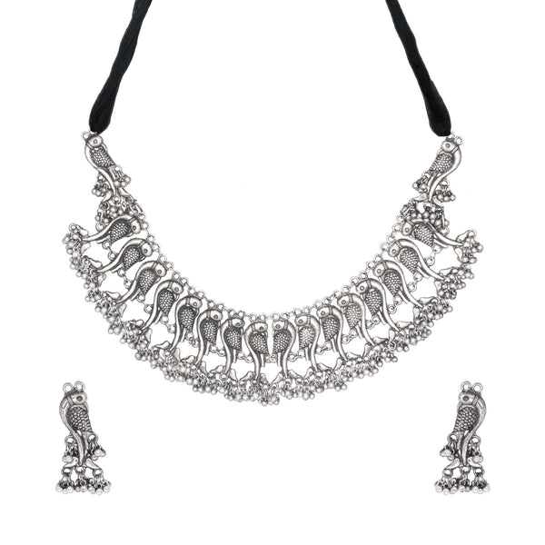 Abhinn Silver Oxidised Unique Parrot Design Necklace Set For Women