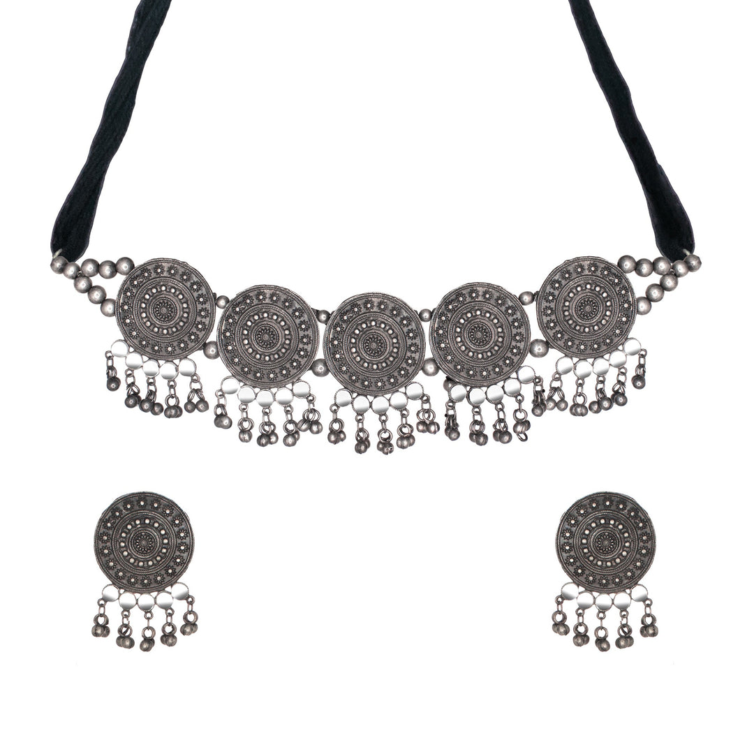 Abhinn Black Polish Temple Design With Mirror For Necklace Set Women