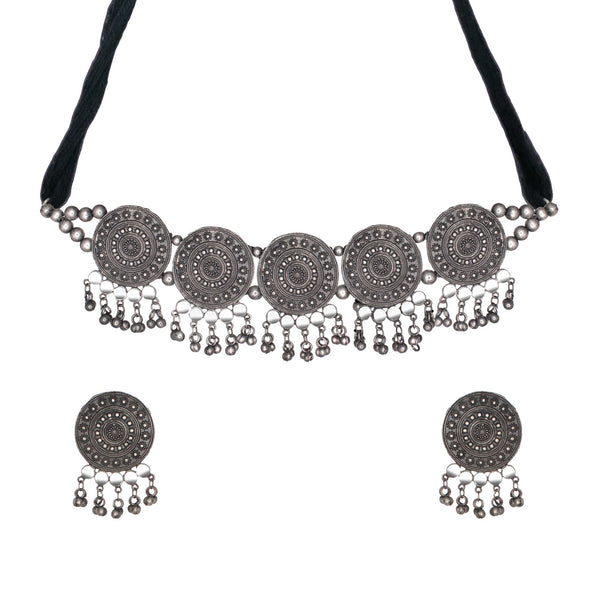 Abhinn Black Polish Temple Design With Mirror For Necklace Set Women