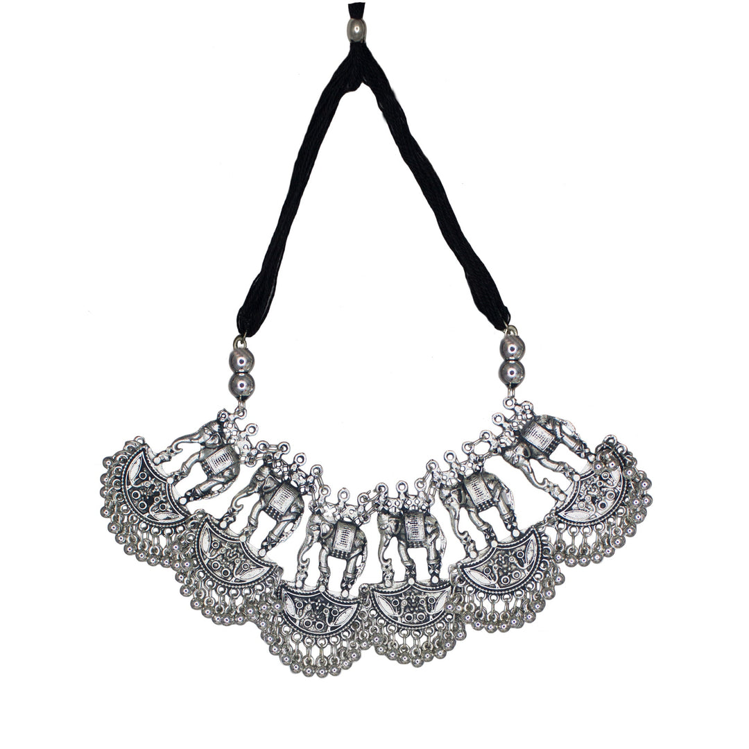 Abhinn Silver Oxidised Traditional Elephant And Peacock Design Necklace Set For Women