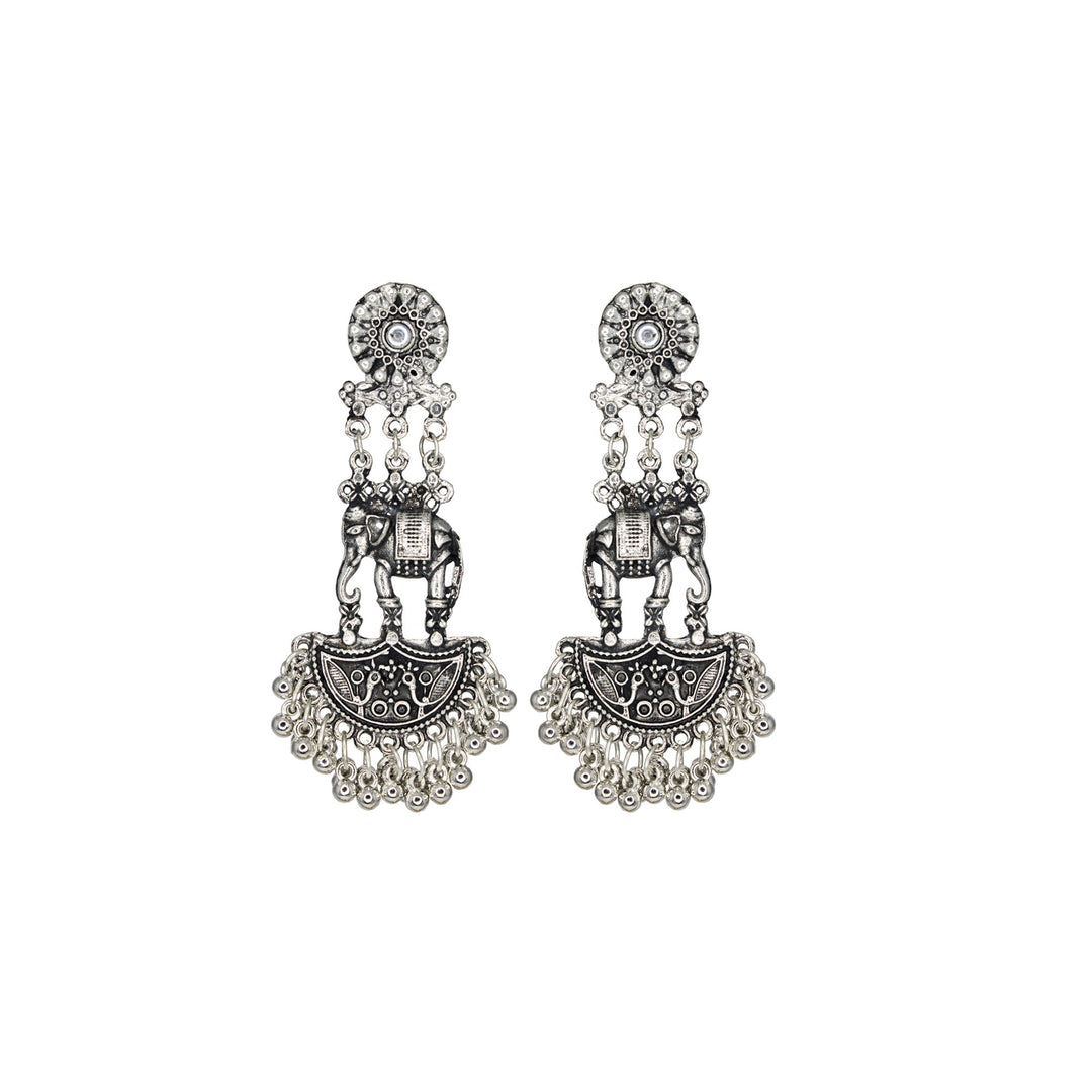 Abhinn Silver Oxidised Traditional Elephant And Peacock Design Necklace Set For Women