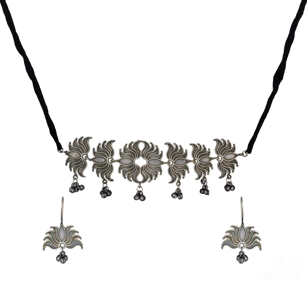 Abhinn Silver Look Alike Lotus Design Necklace Set With Earrings For Women 