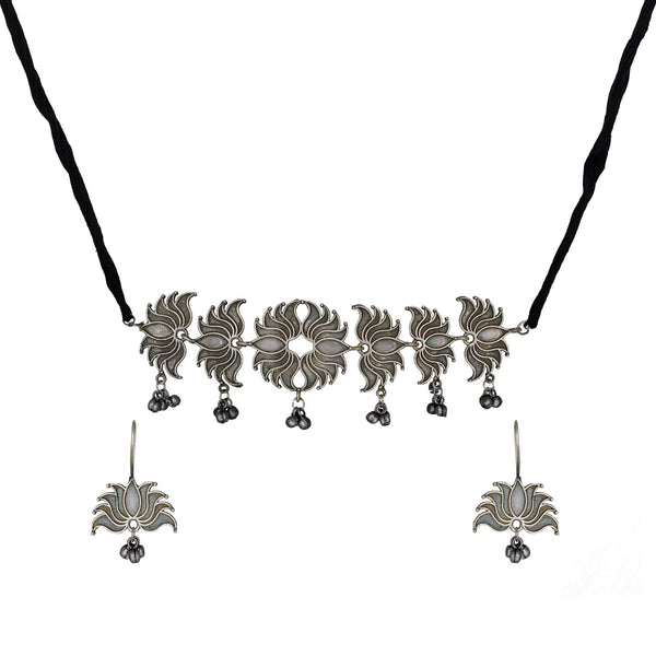 Abhinn Silver Look Alike Lotus Design Necklace Set With Earrings For Women 
