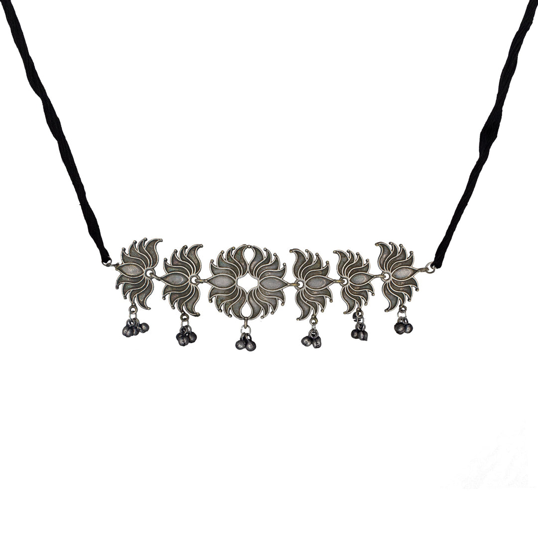 Abhinn Silver Look Alike Lotus Design Necklace Set With Earrings For Women 