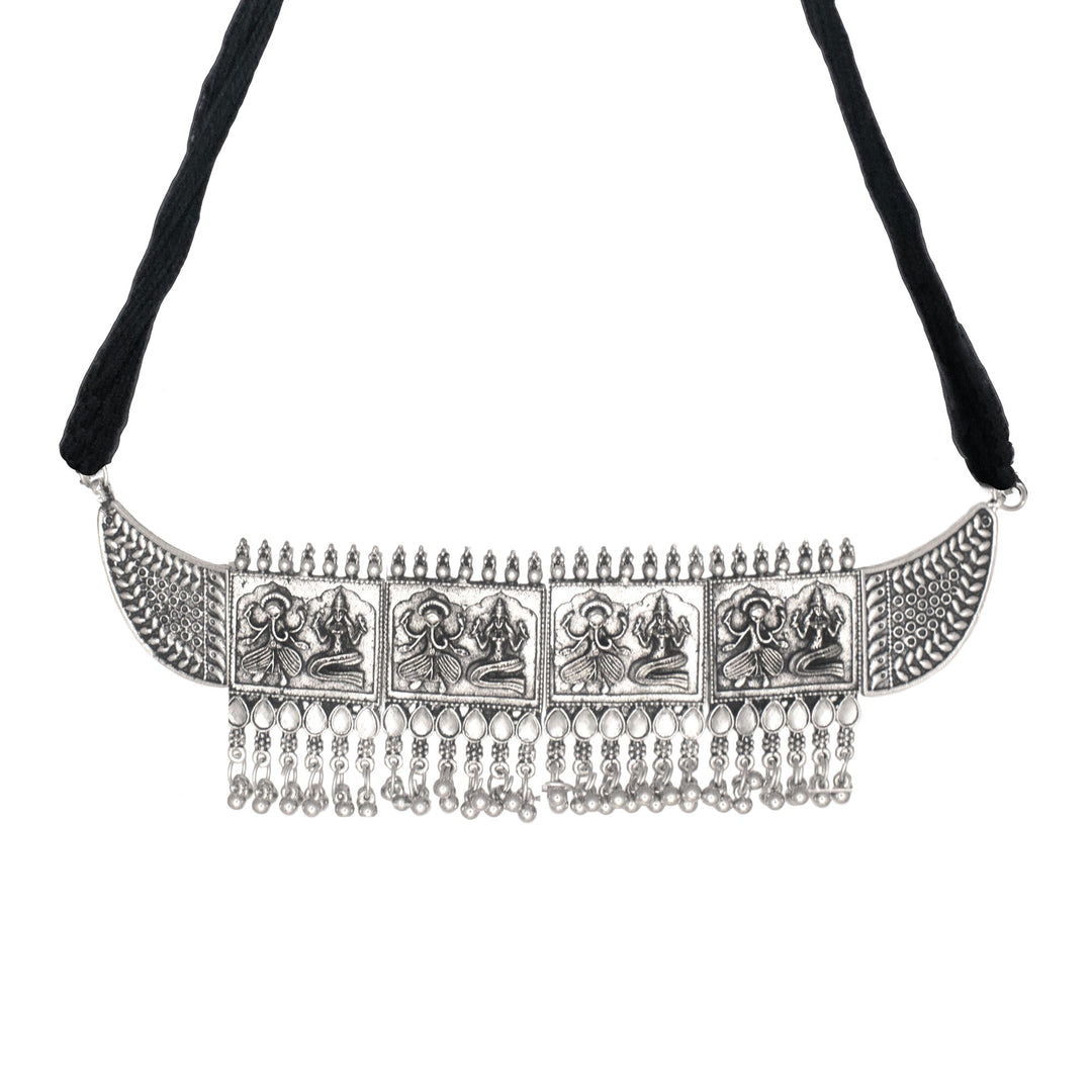 Abhinn Silver Oxidised Laxmi-Ganesha Design Necklace Set With White CZ Stones For Women