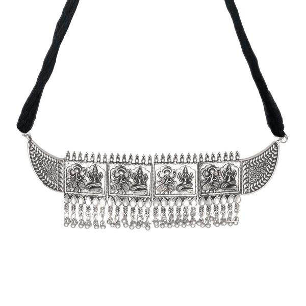 Abhinn Silver Oxidised Laxmi-Ganesha Design Necklace Set With White CZ Stones For Women