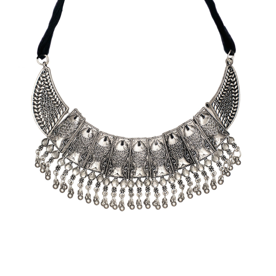 Abhinn Silver Oxidised Ethnic Fish Design With White CZ Stones Necklace Set For Women
