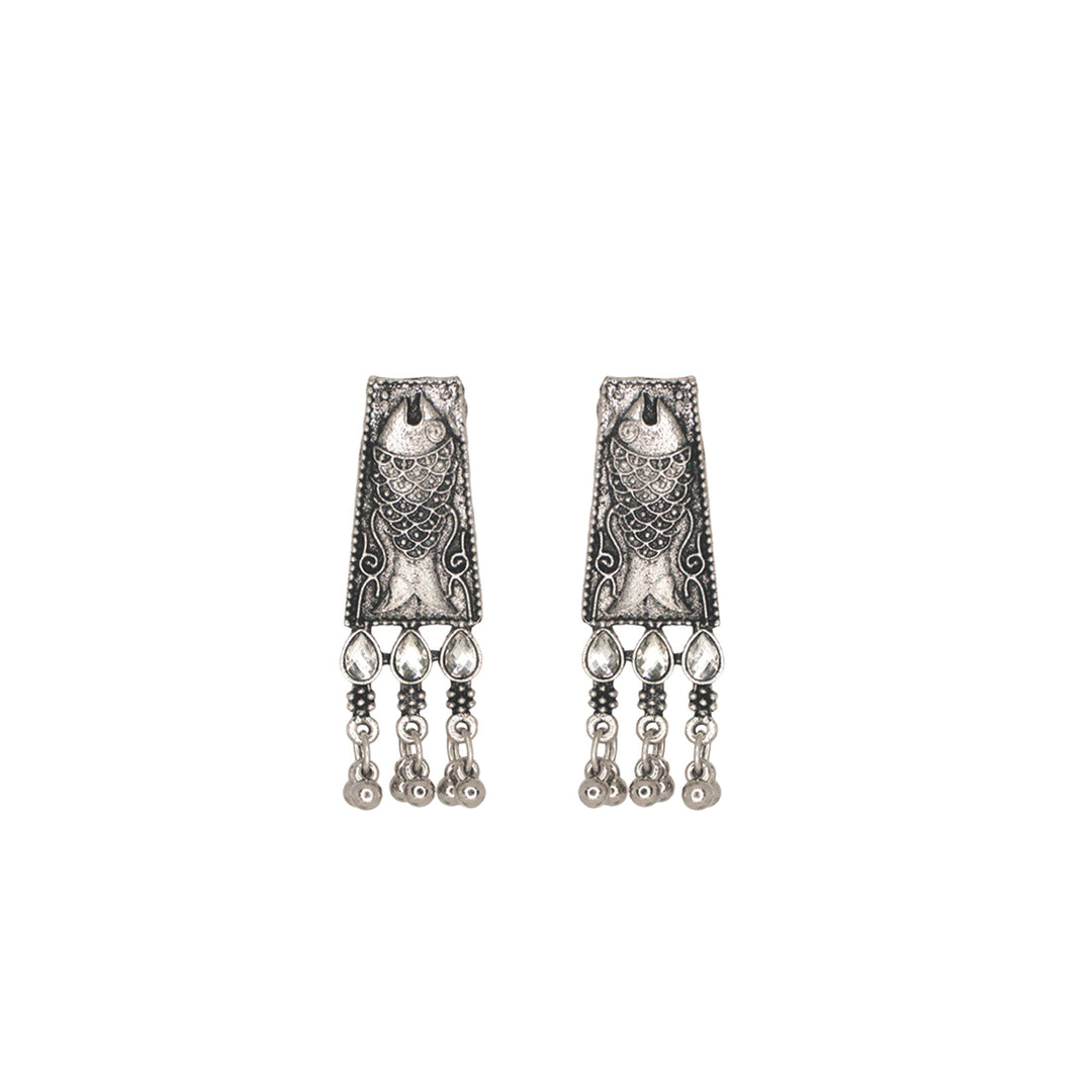 Abhinn Silver Oxidised Ethnic Fish Design With White CZ Stones Necklace Set For Women