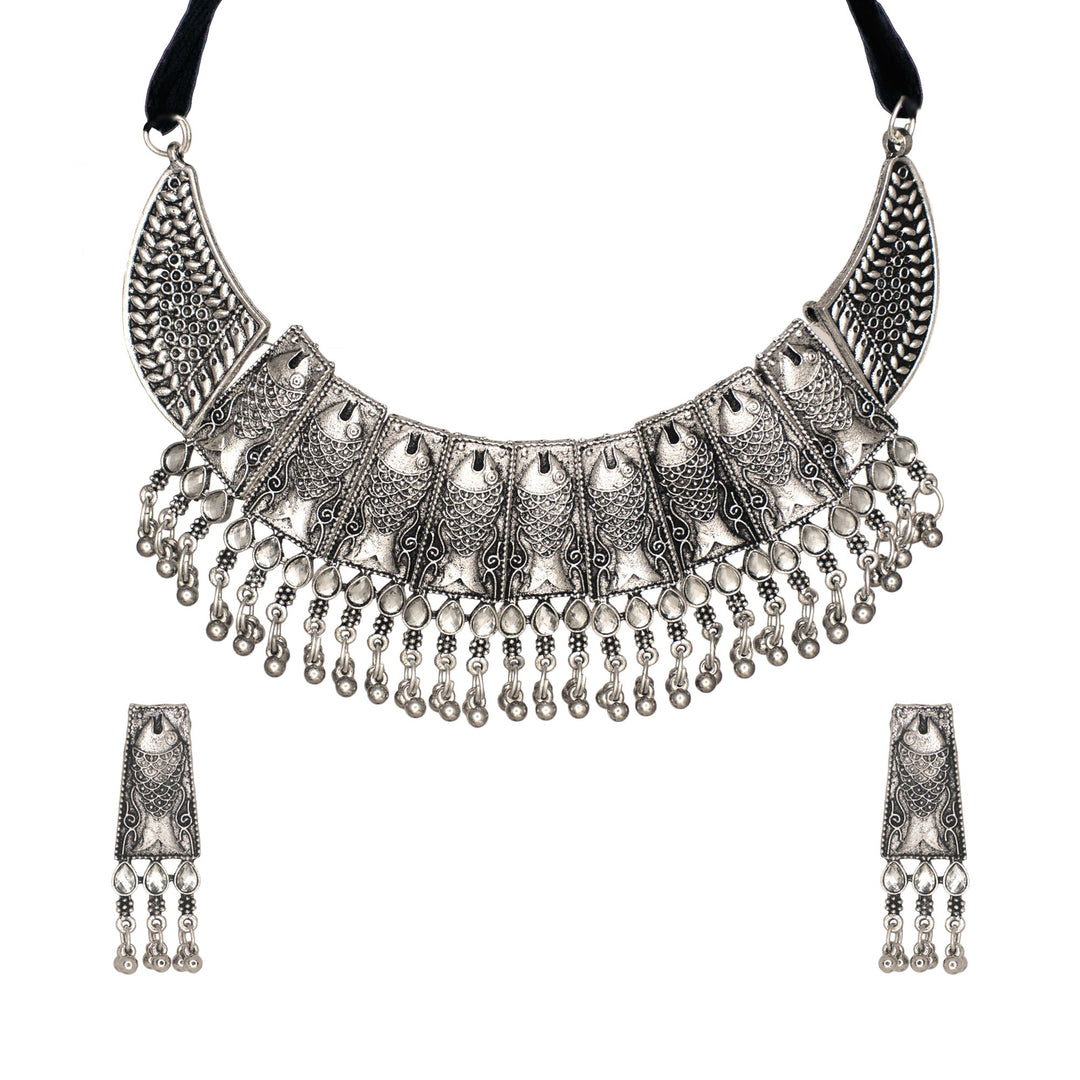 Abhinn Silver Oxidised Ethnic Fish Design With White CZ Stones Necklace Set For Women