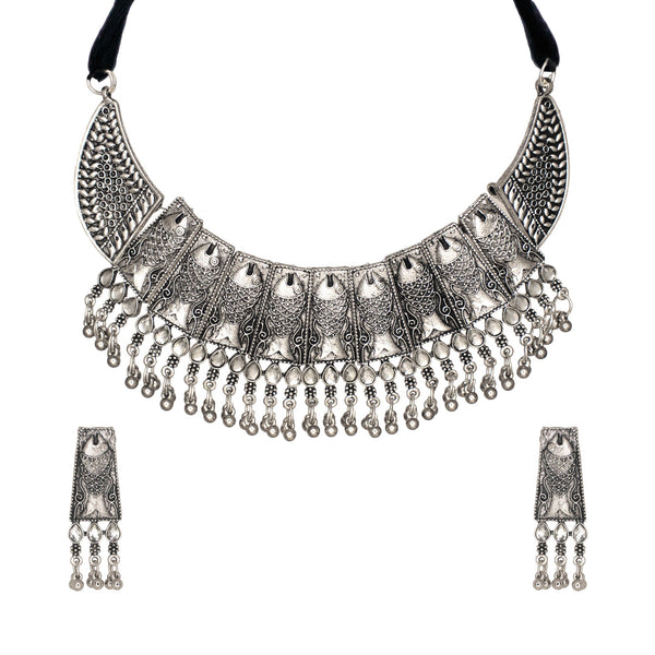 Abhinn Silver Oxidised Ethnic Fish Design With White CZ Stones Necklace Set For Women