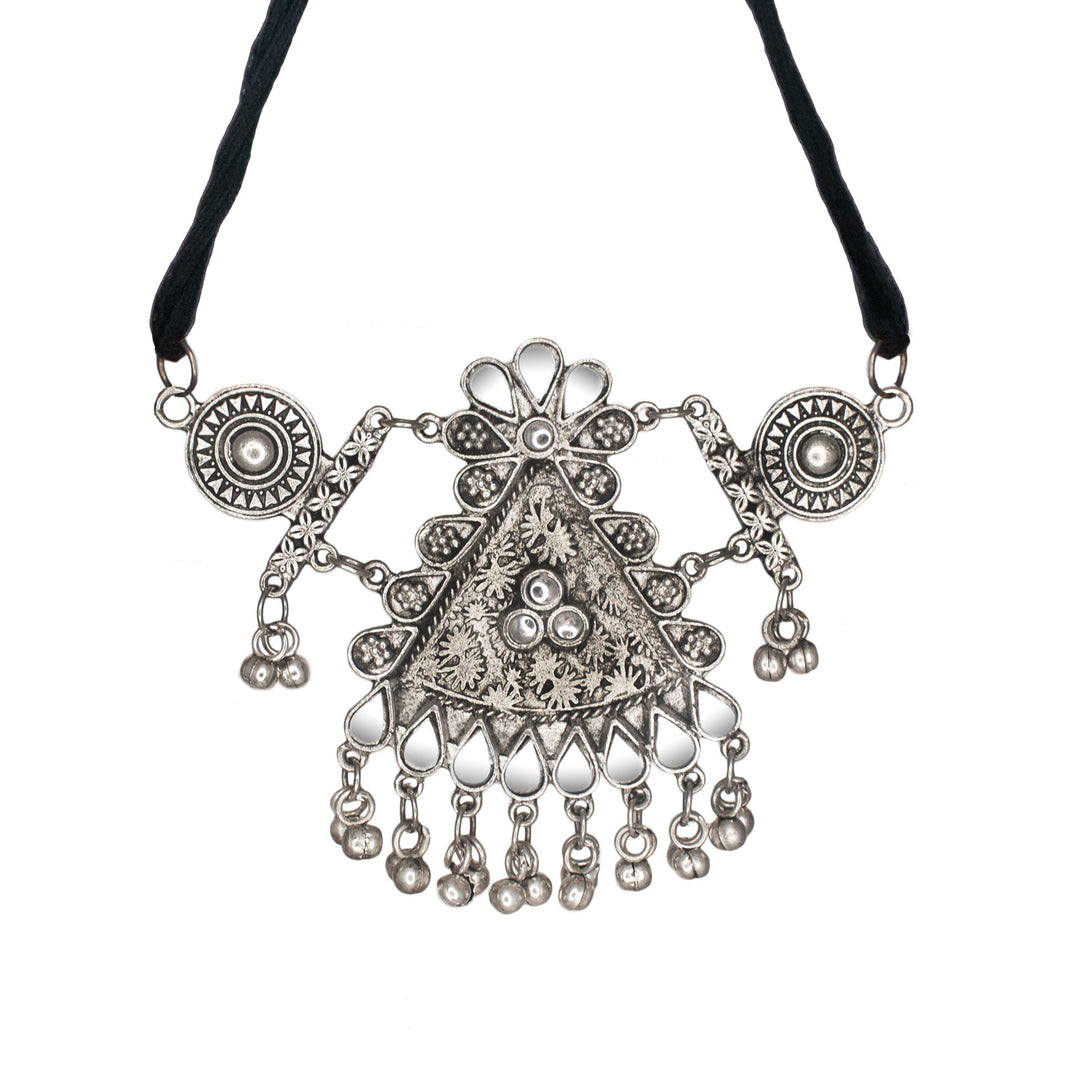 Abhinn Silver Oxidised Floral Design With Mirror Work Necklace Set For Women