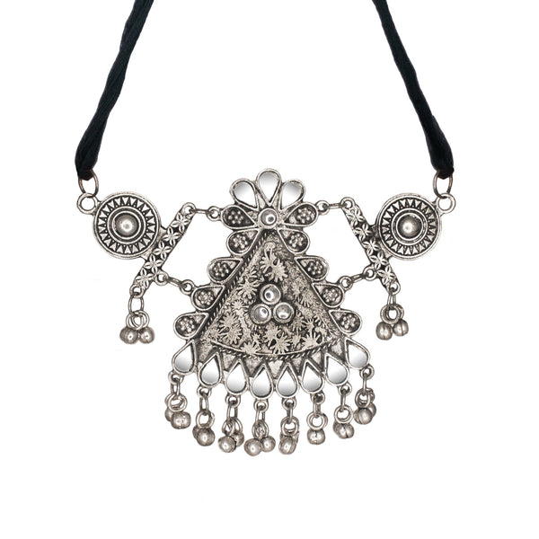 Abhinn Silver Oxidised Floral Design With Mirror Work Necklace Set For Women