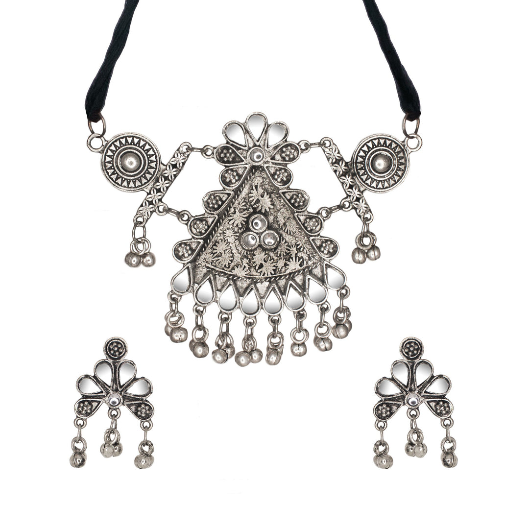 Abhinn Abhinn Silver Oxidised Floral Design With Mirror Work Necklace Set For Women
