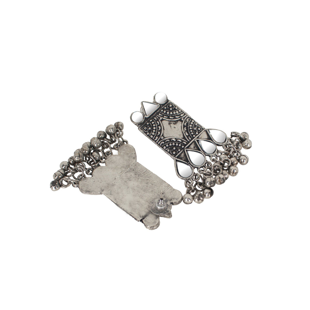 Abhinn Silver Oxidised Temple Design Necklace Set With White Mirror And CZ Stone For Women 