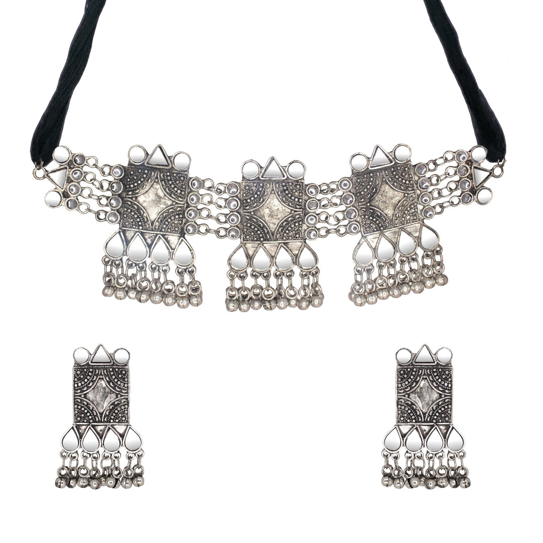 Abhinn Silver Oxidised Temple Design Necklace Set With White Mirror And CZ Stone For Women 