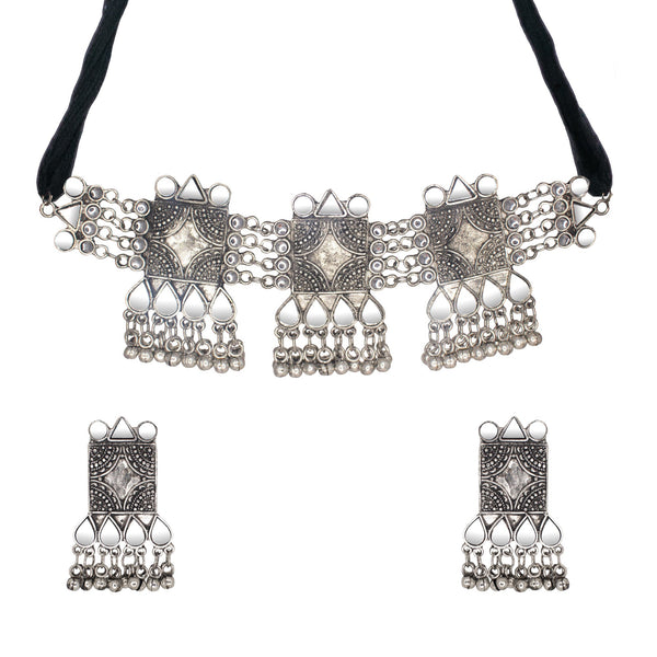 Abhinn Silver Oxidised Temple Design Necklace Set With White Mirror And CZ Stone For Women 