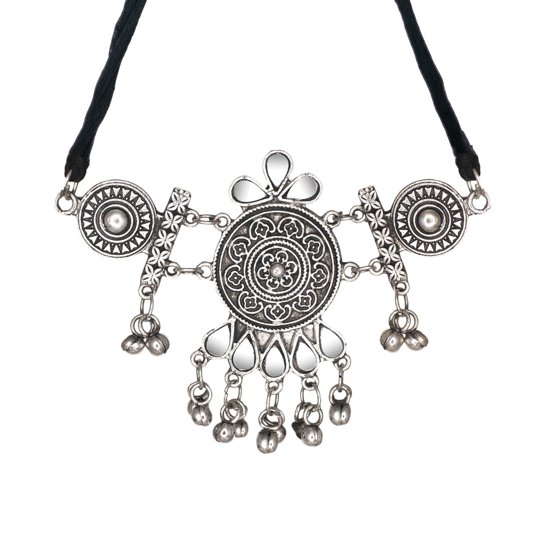 Abhinn Silver Oxidised Ethnic Design With Mirror Work Necklace Set For Women