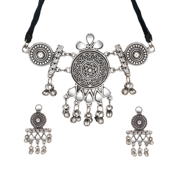 Abhinn Silver Oxidised Ethnic Design With Mirror Work Necklace Set For Women