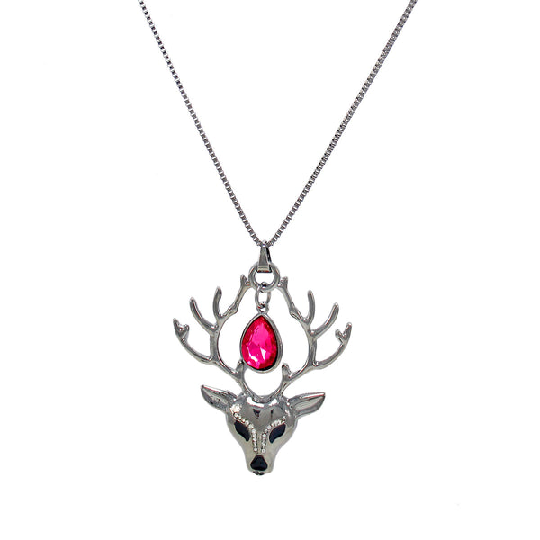 Beautiful Designer Silver Reindeer Pendant with Pink Crystal stones
