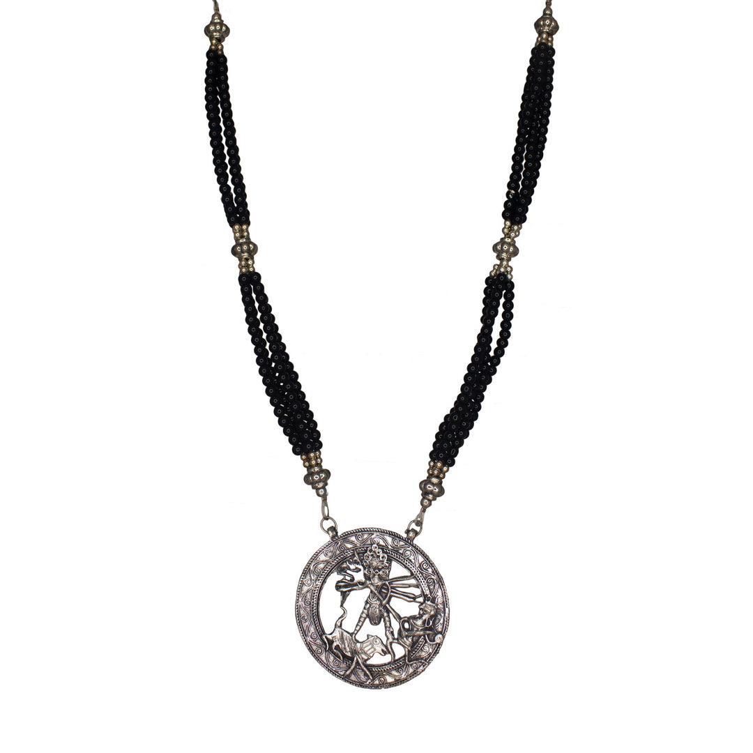 Abhinn Oxidized German Silver Goddess Durga Round Pendant with Black Pearls