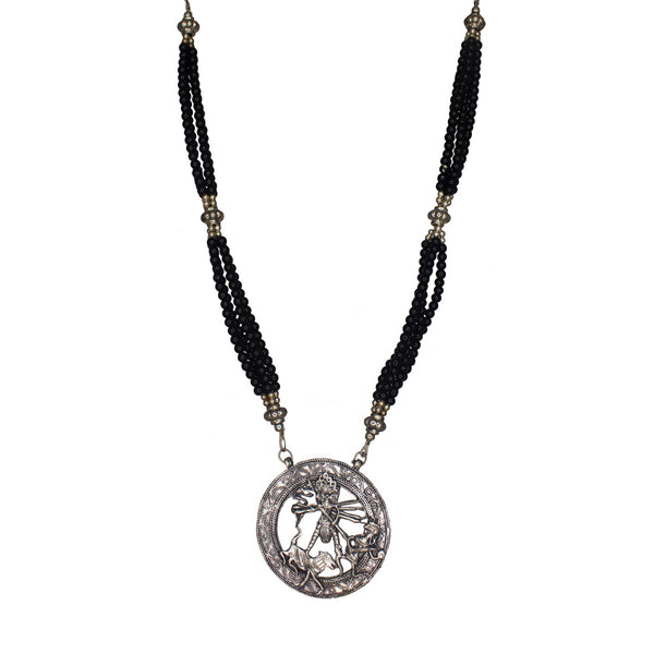 Abhinn Oxidized German Silver Goddess Durga Round Pendant with Black Pearls