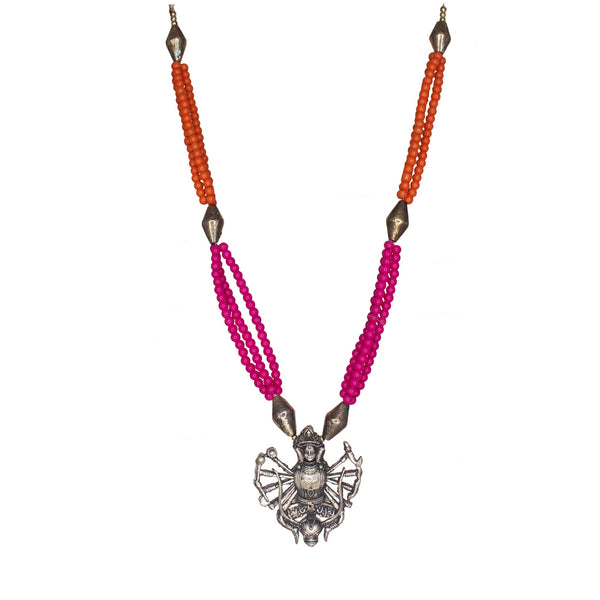 Abhinn Oxidized German Silver Goddess Durga Pendant with Pink Orange Pearls