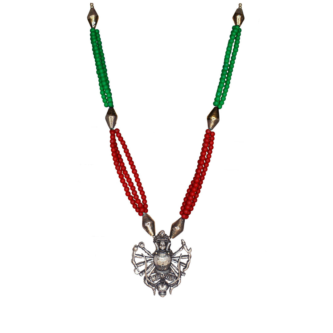 Abhinn Oxidized German Silver Goddess Durga Pendant with Red Green Pearls
