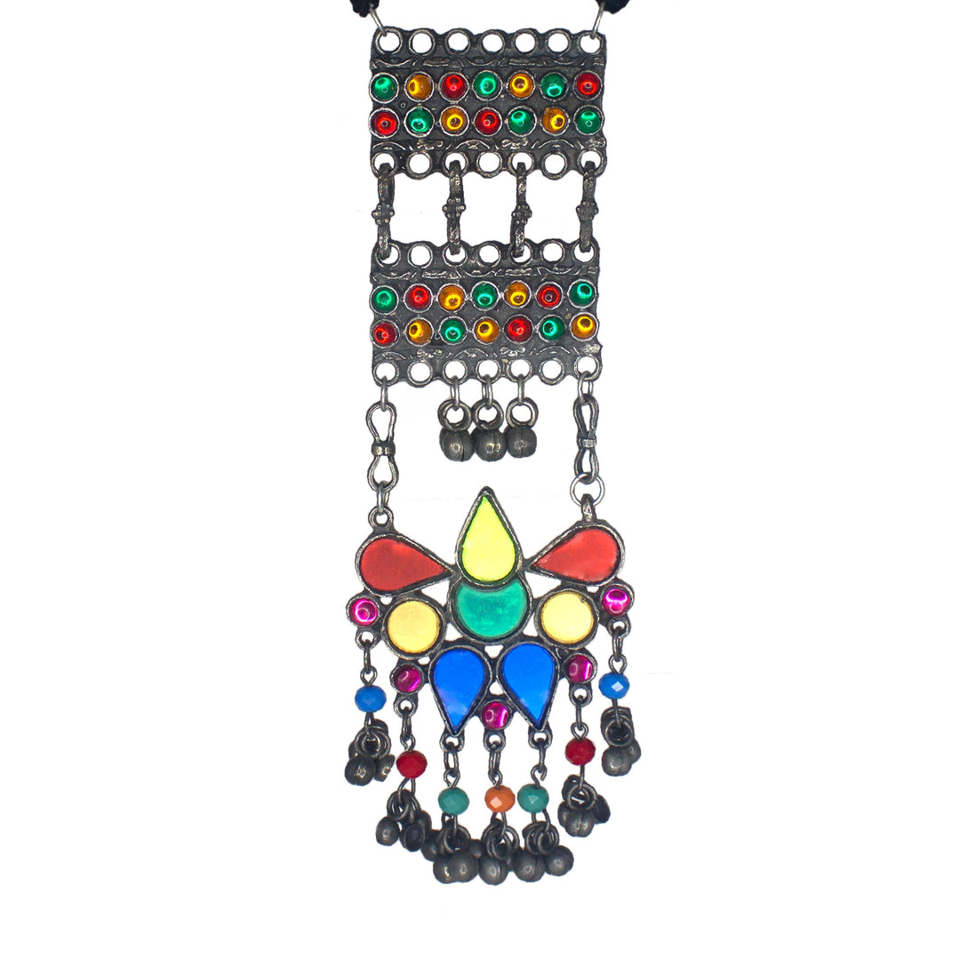 Abhinn Black Polished Afghani Floral Design Long Pendant For Women 