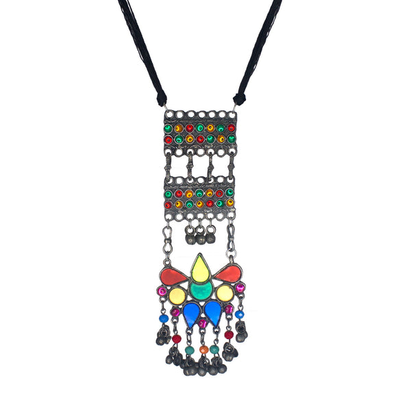 Abhinn Black Polished Afghani Floral Design Long Pendant For Women 