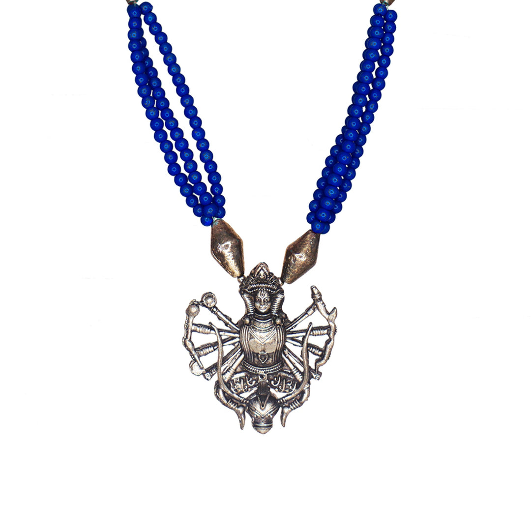 Abhinn Oxidized German Silver Goddess Durga Pendant with Blue Pearls