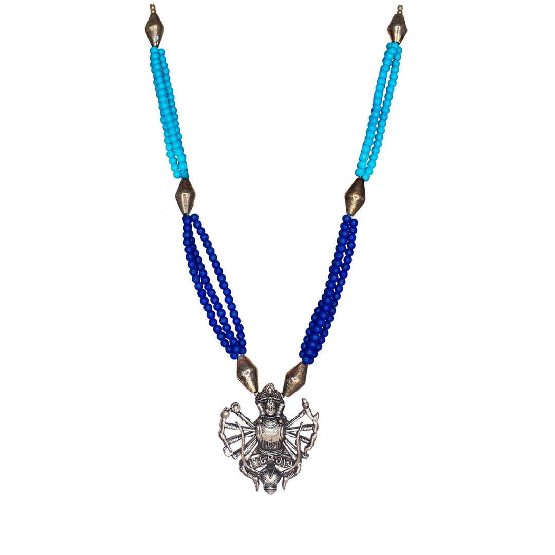 Abhinn Oxidized German Silver Goddess Durga Pendant with Blue Pearls