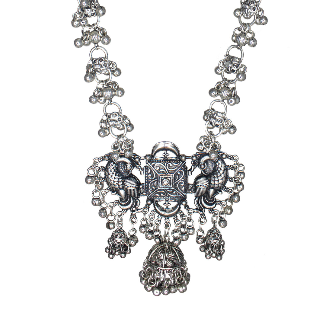 Abhinn Silver Oxidised Peacock And Floral Design Necklace For Women