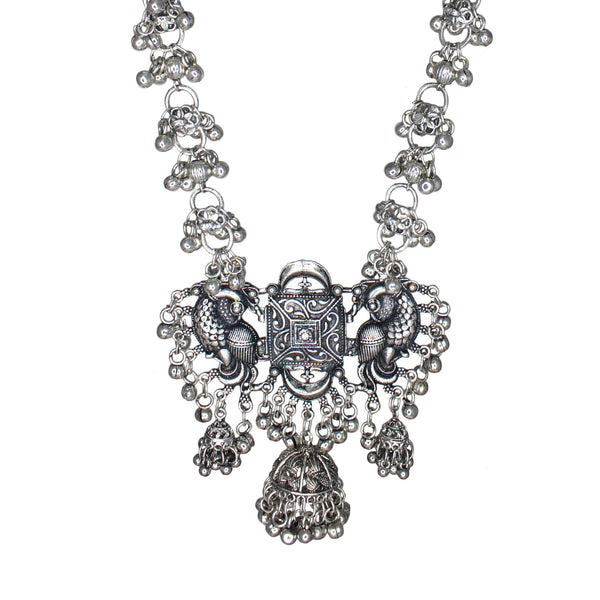 Abhinn Silver Oxidised Peacock And Floral Design Necklace For Women