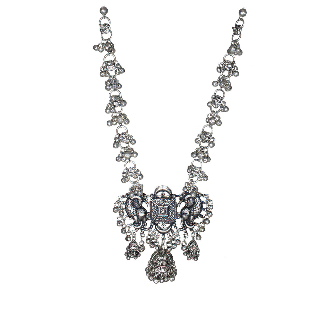 Abhinn Silver Oxidised Peacock And Floral Design Necklace For Women