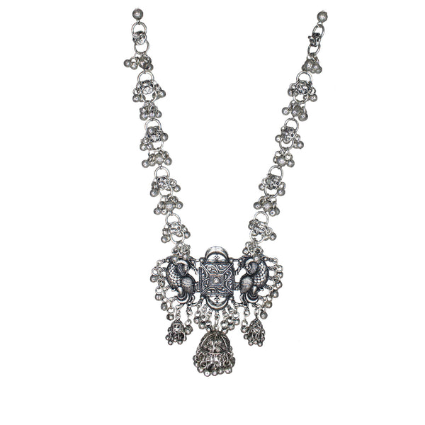Abhinn Silver Oxidised Peacock And Floral Design Necklace For Women