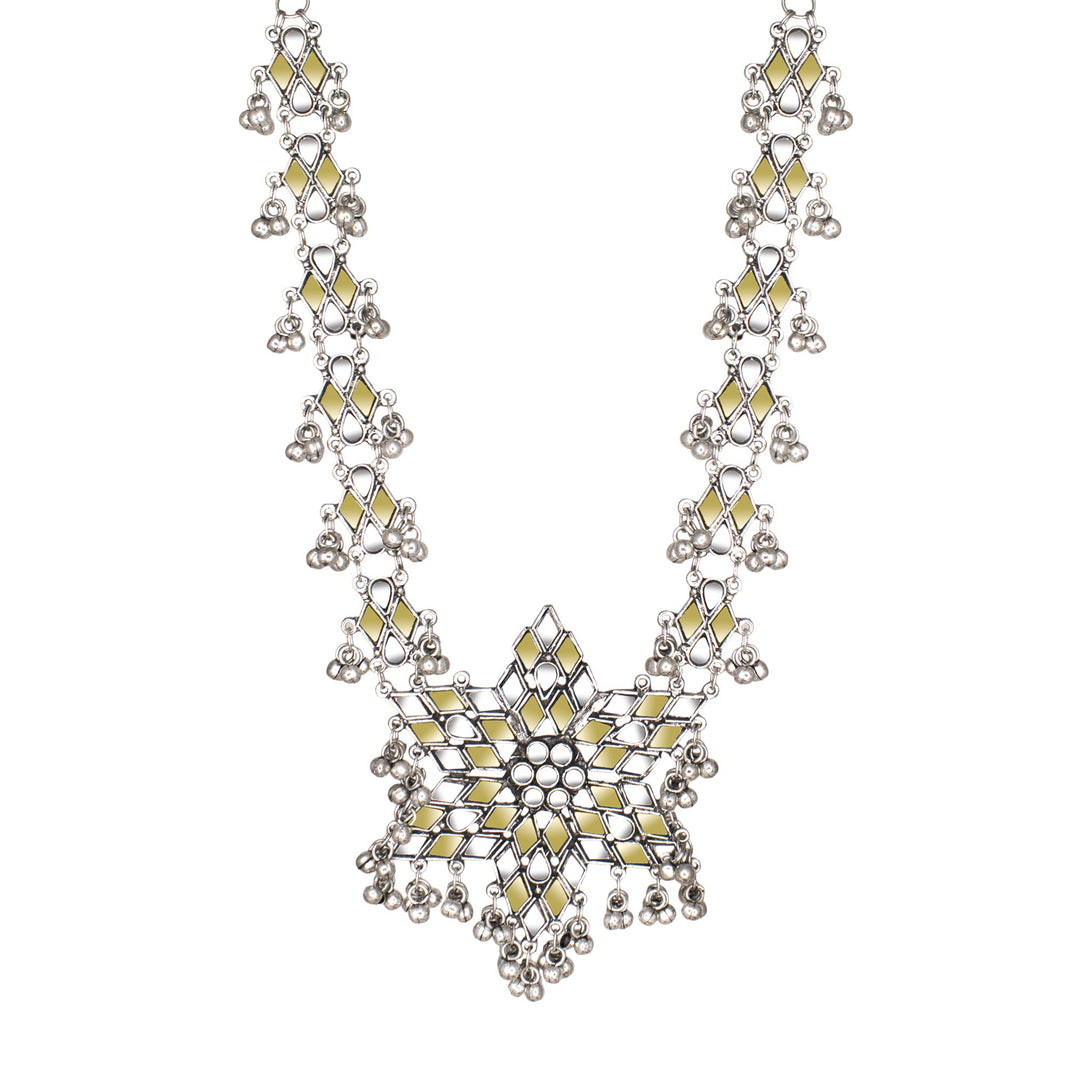 Abhinn Silver Oxidised Floral Design Dual-tone Mirror Pendant Set For Women