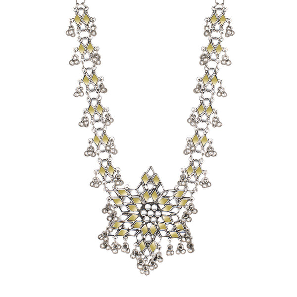 Abhinn Silver Oxidised Floral Design Dual-tone Mirror Pendant Set For Women