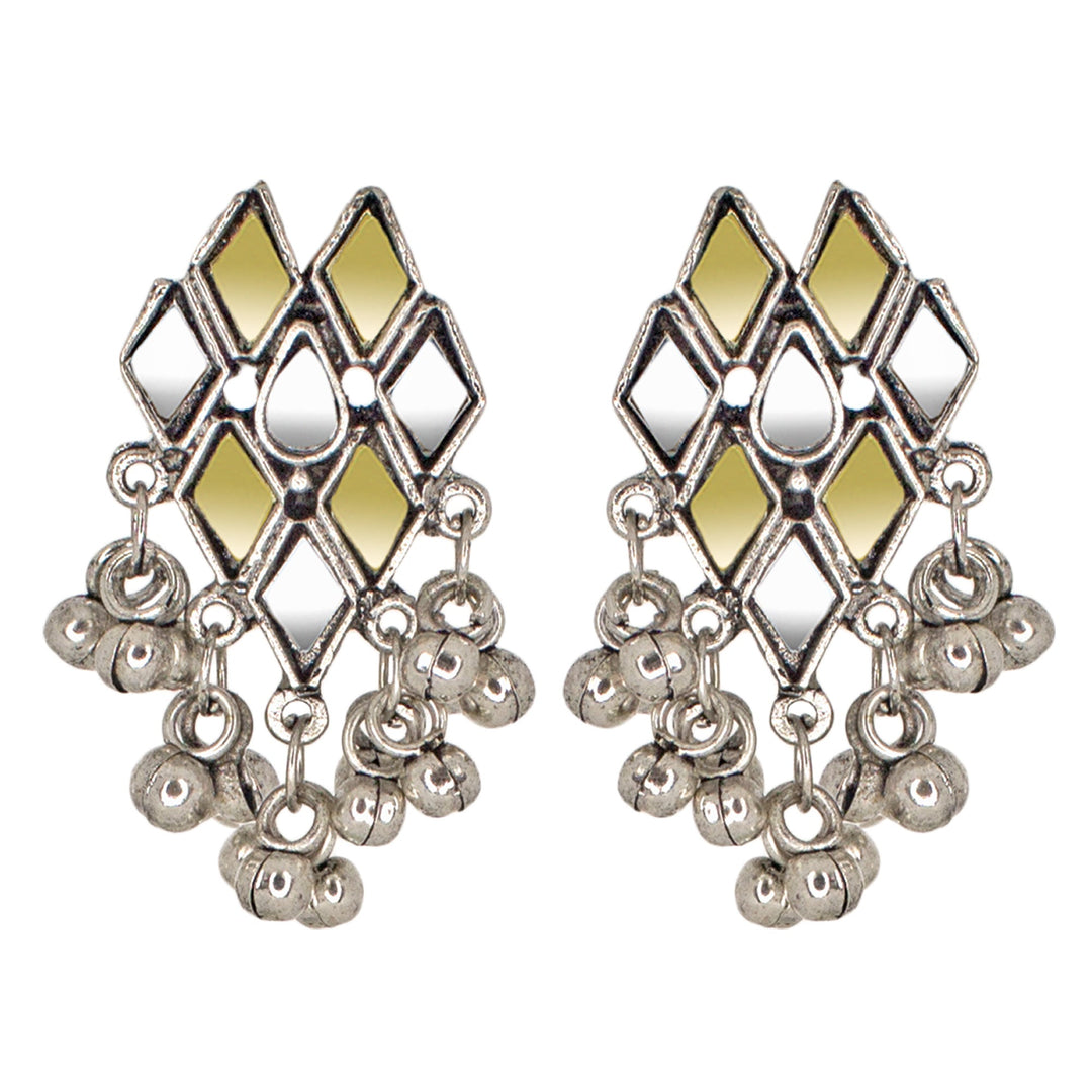 Abhinn Silver Oxidised Floral Design Dual-tone Mirror Pendant Set For Women