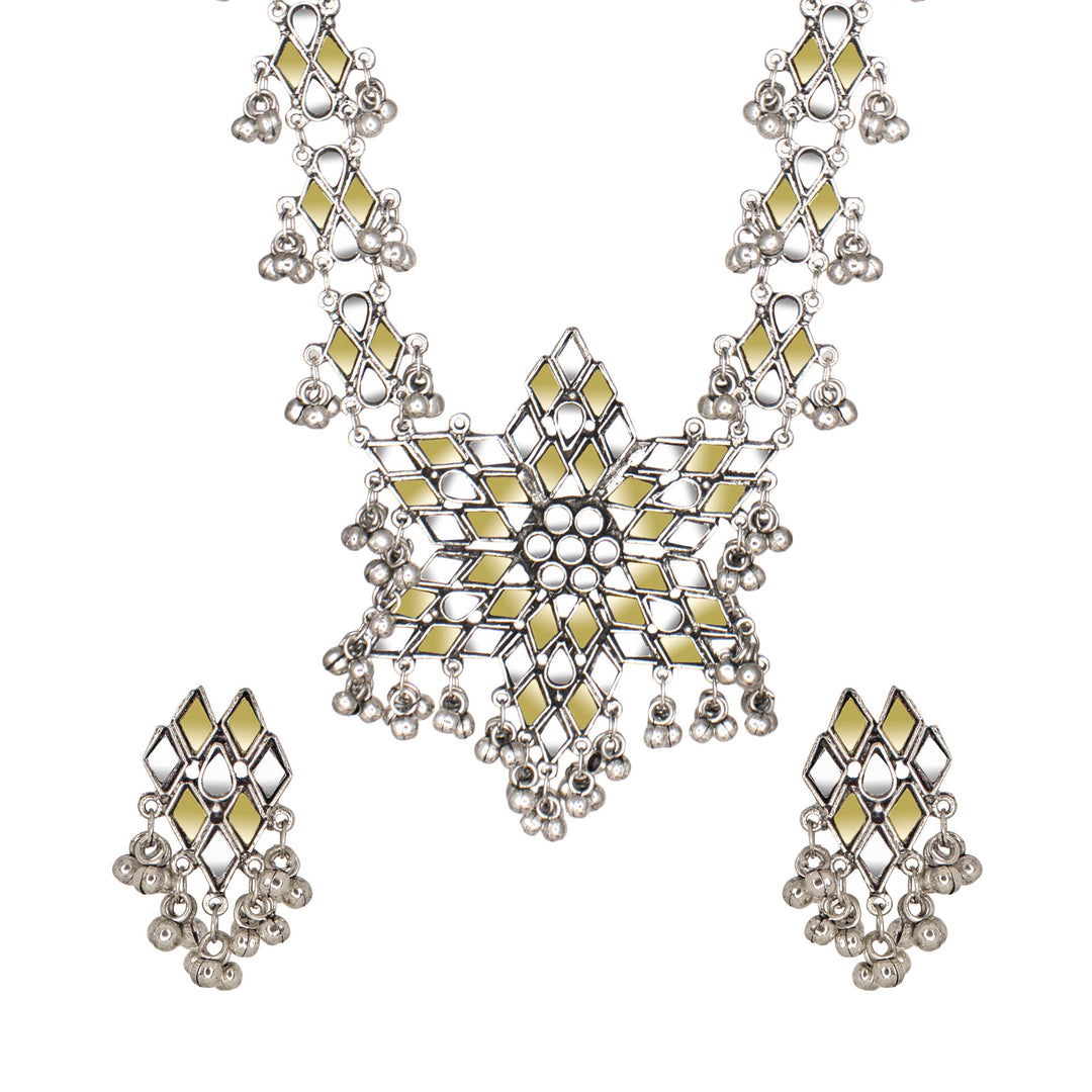 Abhinn Silver Oxidised Floral Design Dual-tone Mirror Pendant Set For Women