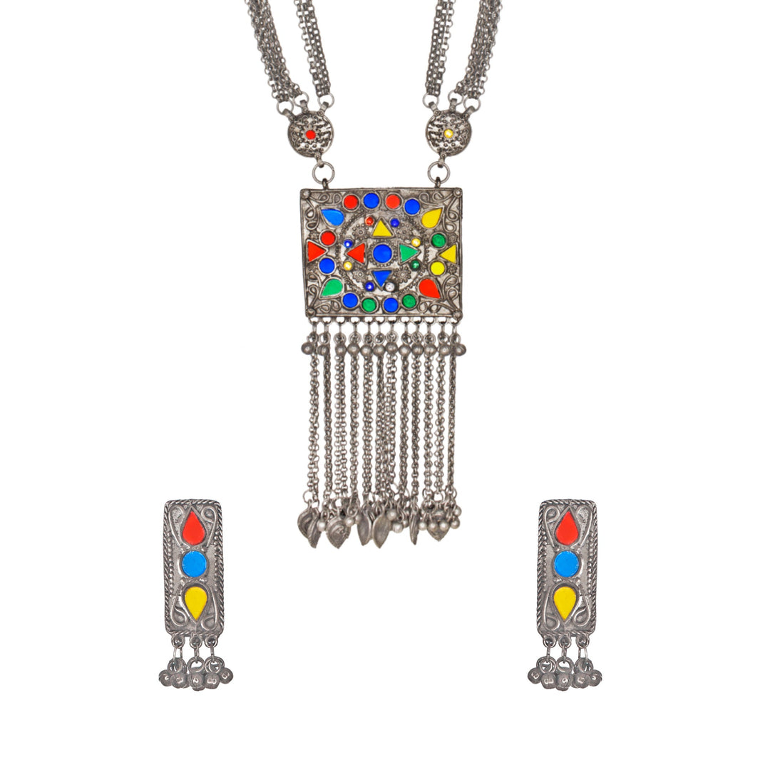 Afghani Silver Oxidised Tribal Design Multi Colour Pendant Set For Women