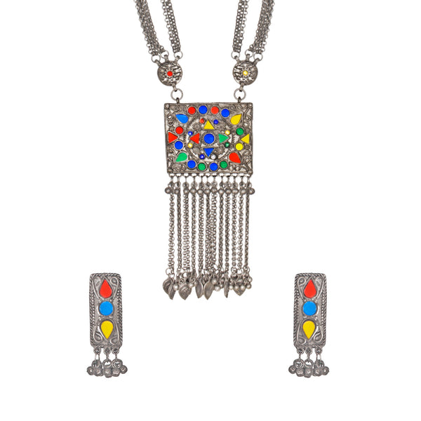 Afghani Silver Oxidised Tribal Design Multi Colour Pendant Set For Women