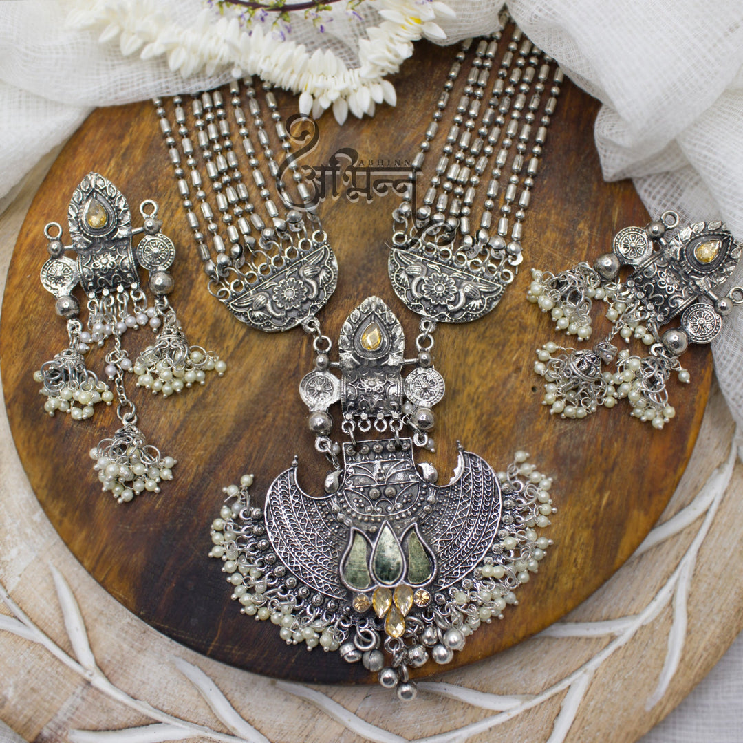 Silver Oxidised Floral Pendant Set Studded With Yellow Mirror & CZ Stones For Women.