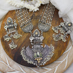 Load image into Gallery viewer, Silver Oxidised Floral Pendant Set Studded With Yellow Mirror &amp; CZ Stones For Women.
