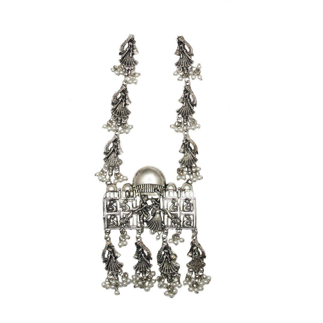 Abhinn Silver Oxidised Temple Design Pendant Set Engraved With Radha Krishna