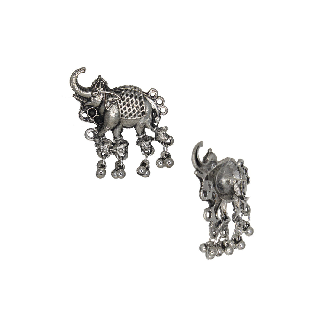 Abhinn Silver Oxidised Elephant Pendant Set With Silver Beads For Women