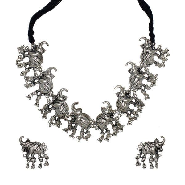 Abhinn Silver Oxidised Elephant Pendant Set With Silver Beads For Women