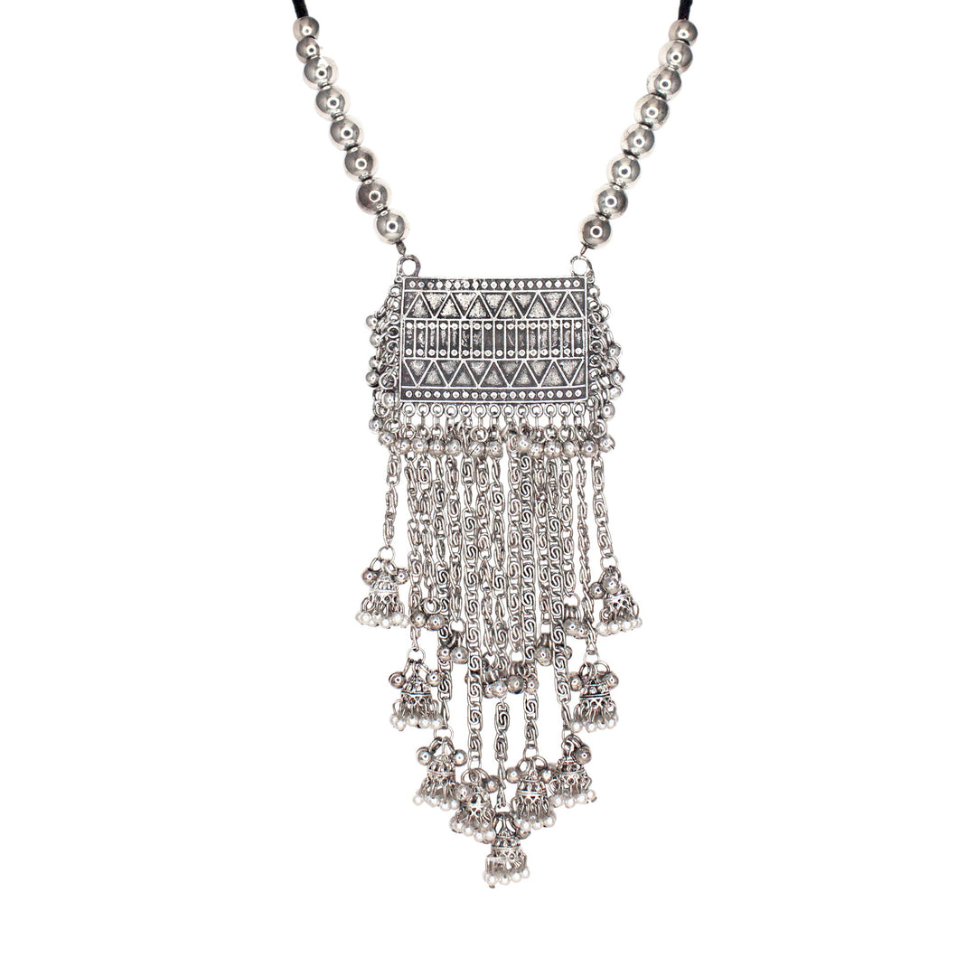 Abhinn Silver Oxidised Temple Design With Hanging Silver Beads Pendant Set For Women