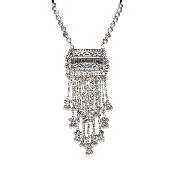 Abhinn Silver Oxidised Temple Design With Hanging Silver Beads Pendant Set For Women