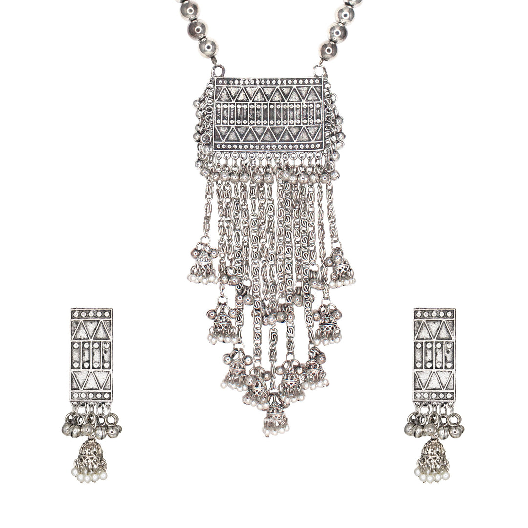 Abhinn Silver Oxidised Temple Design With Hanging Silver Beads Pendant Set For Women